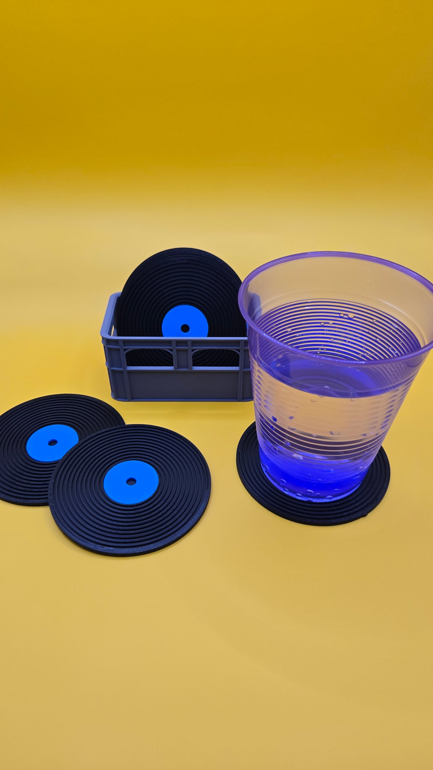 Records Coaster (8) Set with Crate - Black, Blue, and Grey