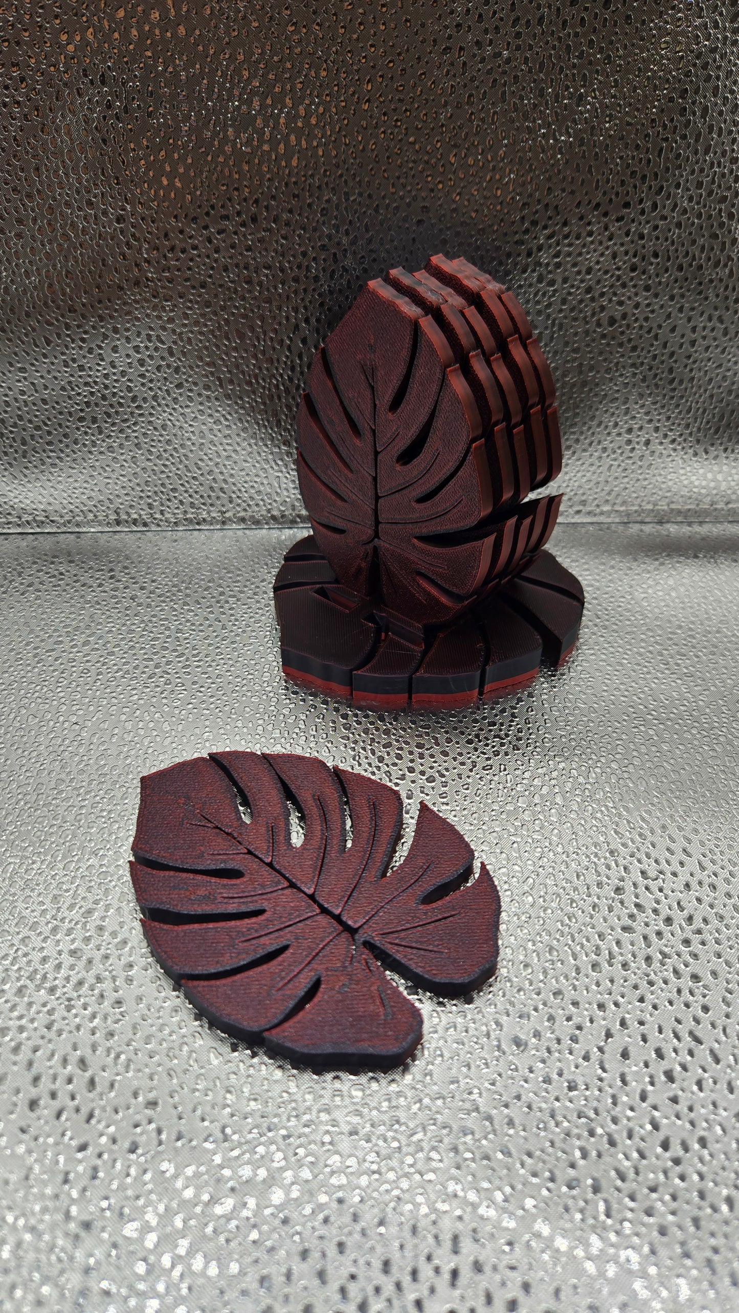 Monstera Leaf Coaster Set (6) with Stand - Black and Red Mix