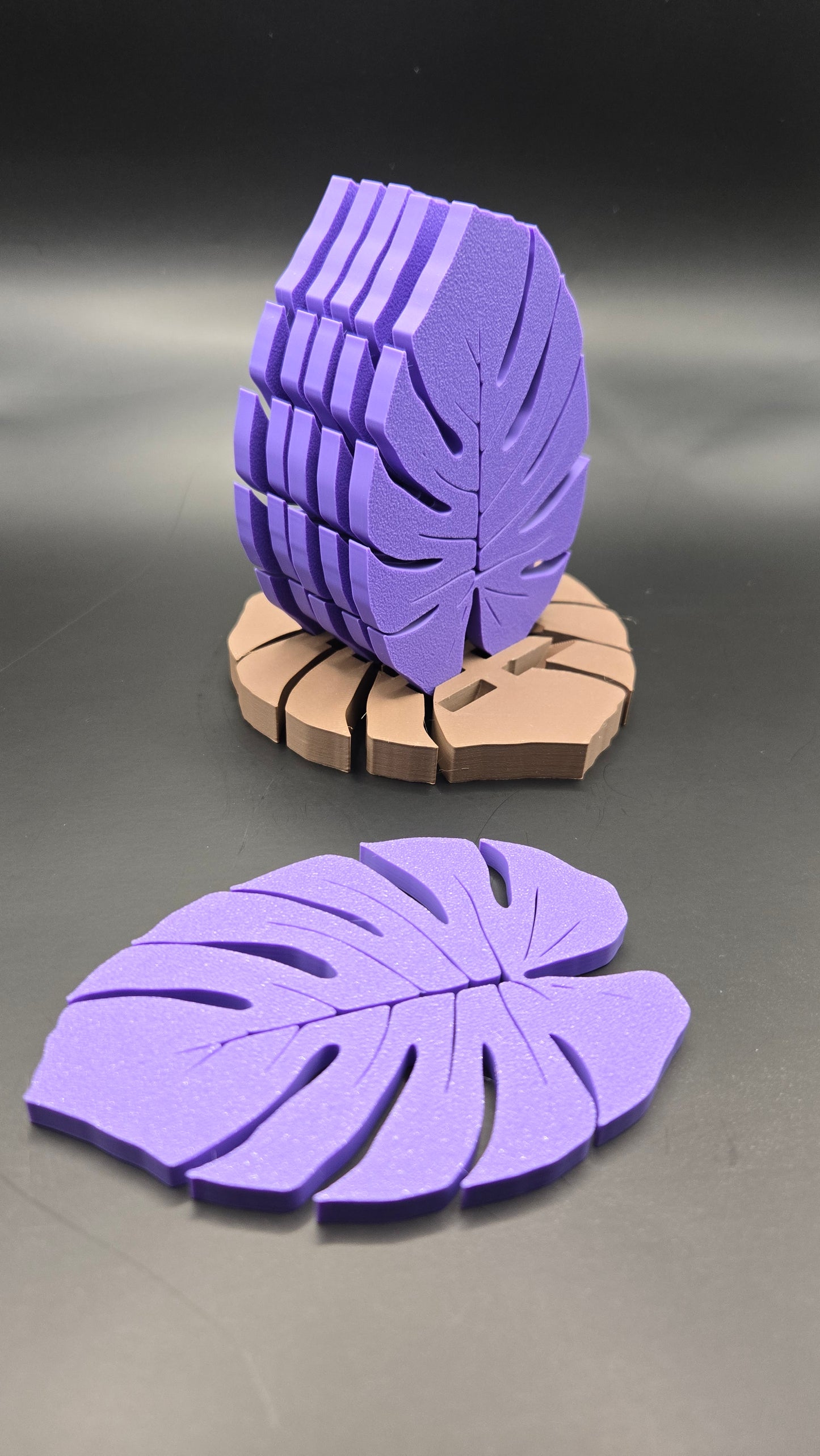 Monstera Leaf Coaster Set (6) with Stand - Purple and Dark Brown