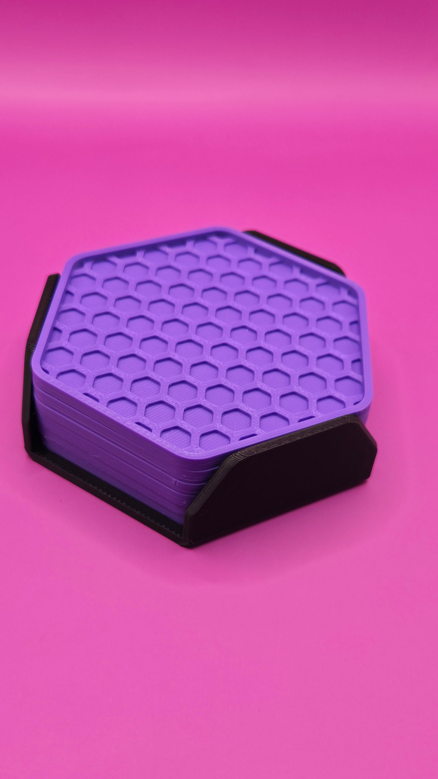 Hex Shape Coasters (6) with Stand - Black and Purple