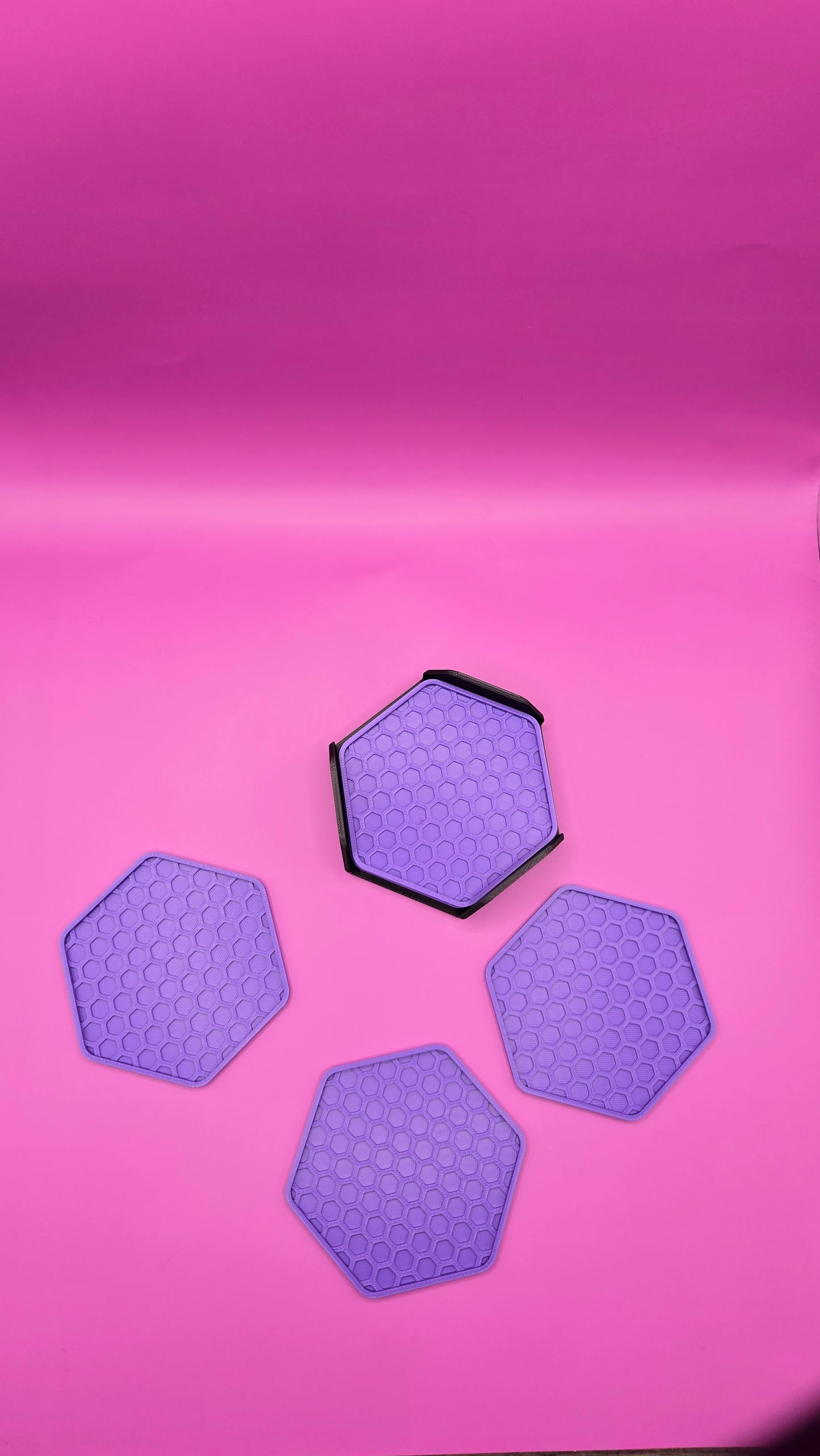 Hex Shape Coasters (6) with Stand - Black and Purple