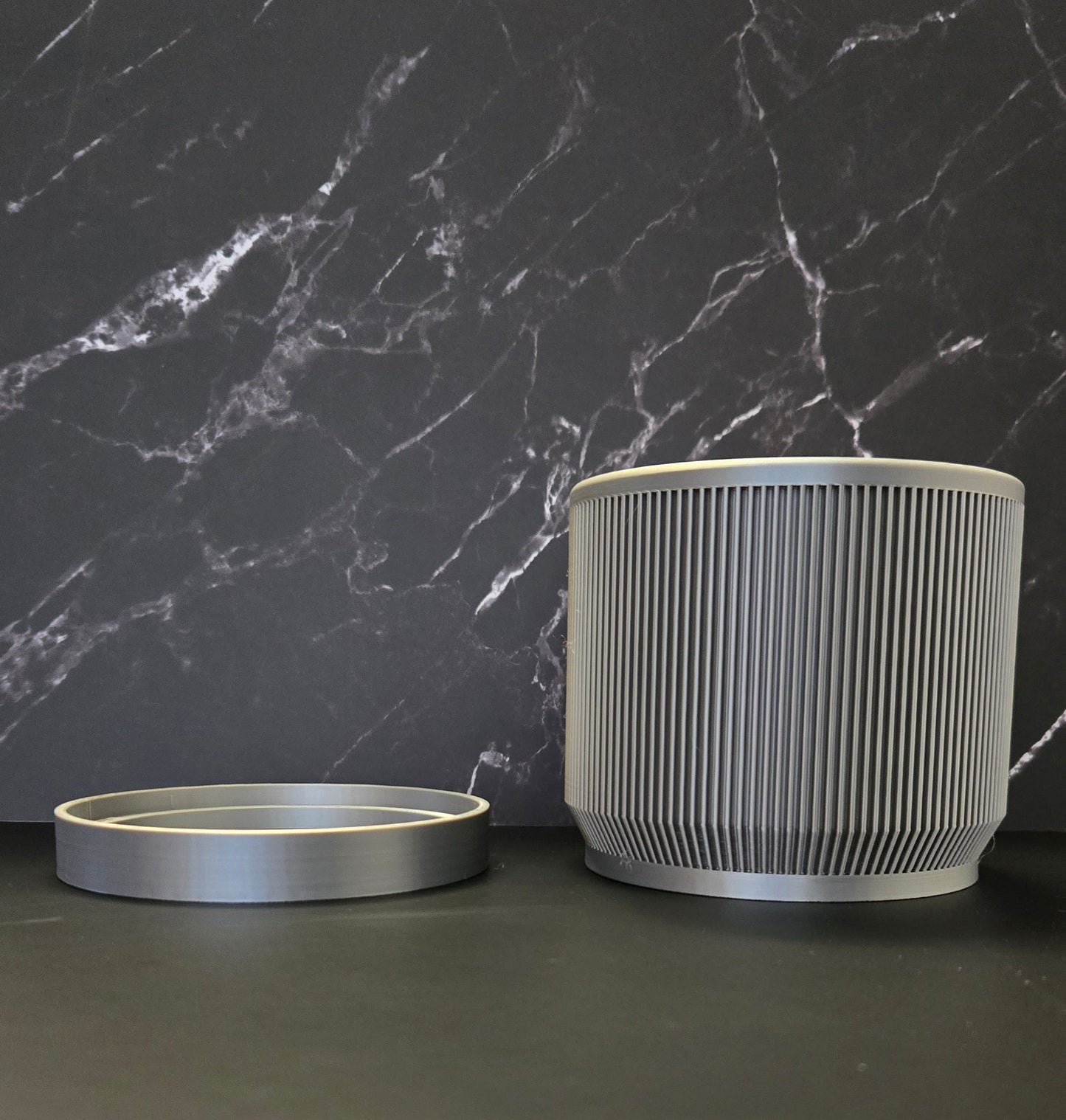Modern Ribbed Planter w/ Drip Tray - Silver