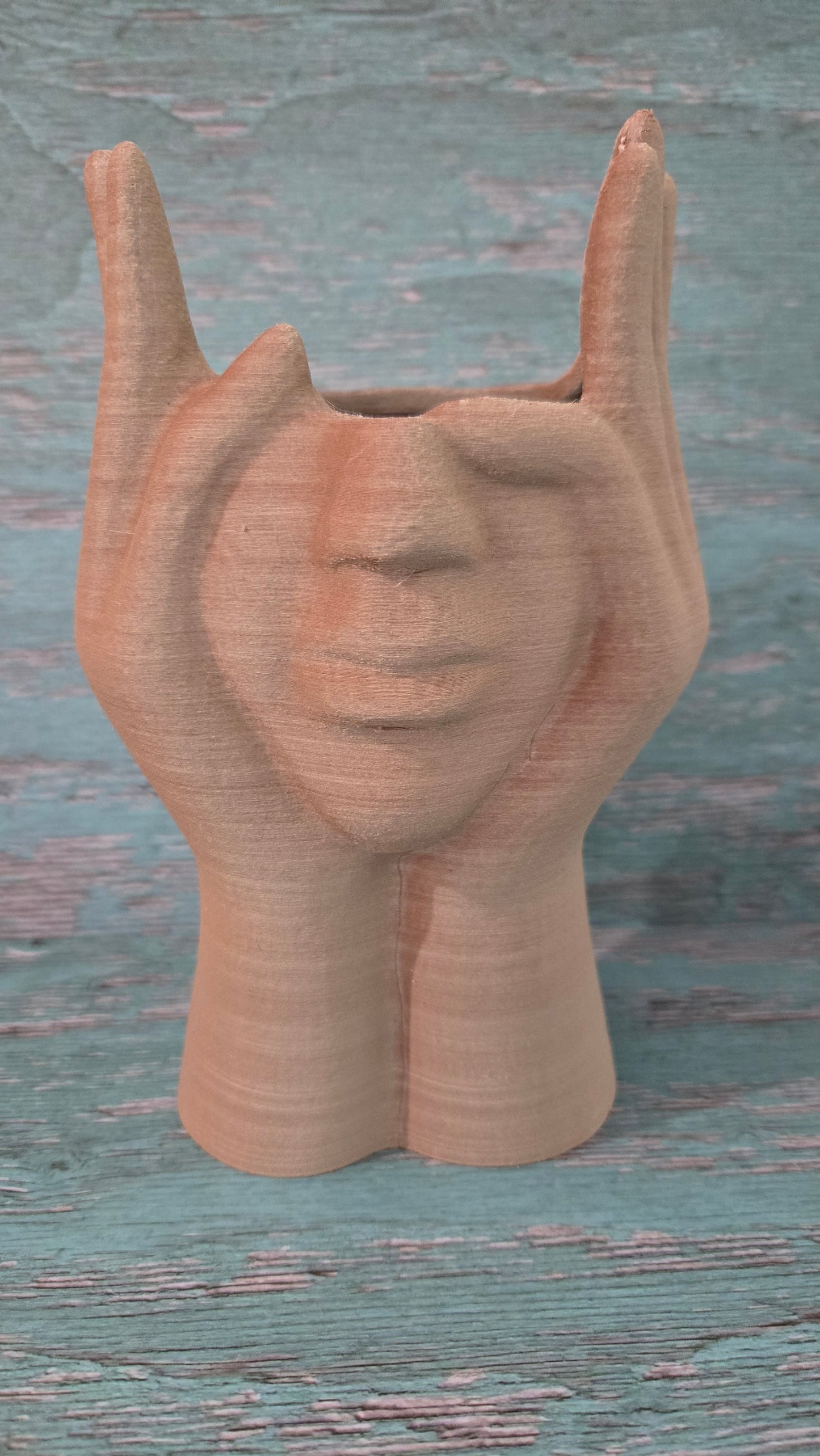 Large Face and Hands Vase Sculpture - Walnut Natural Wood