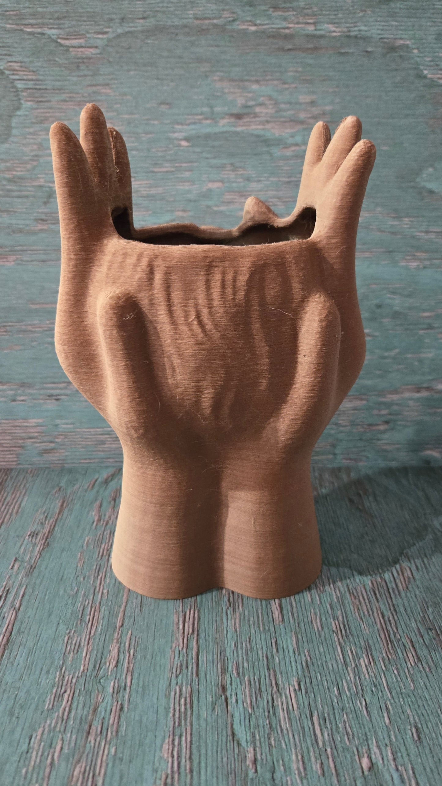 Large Face and Hands Vase Sculpture - Walnut Natural Wood