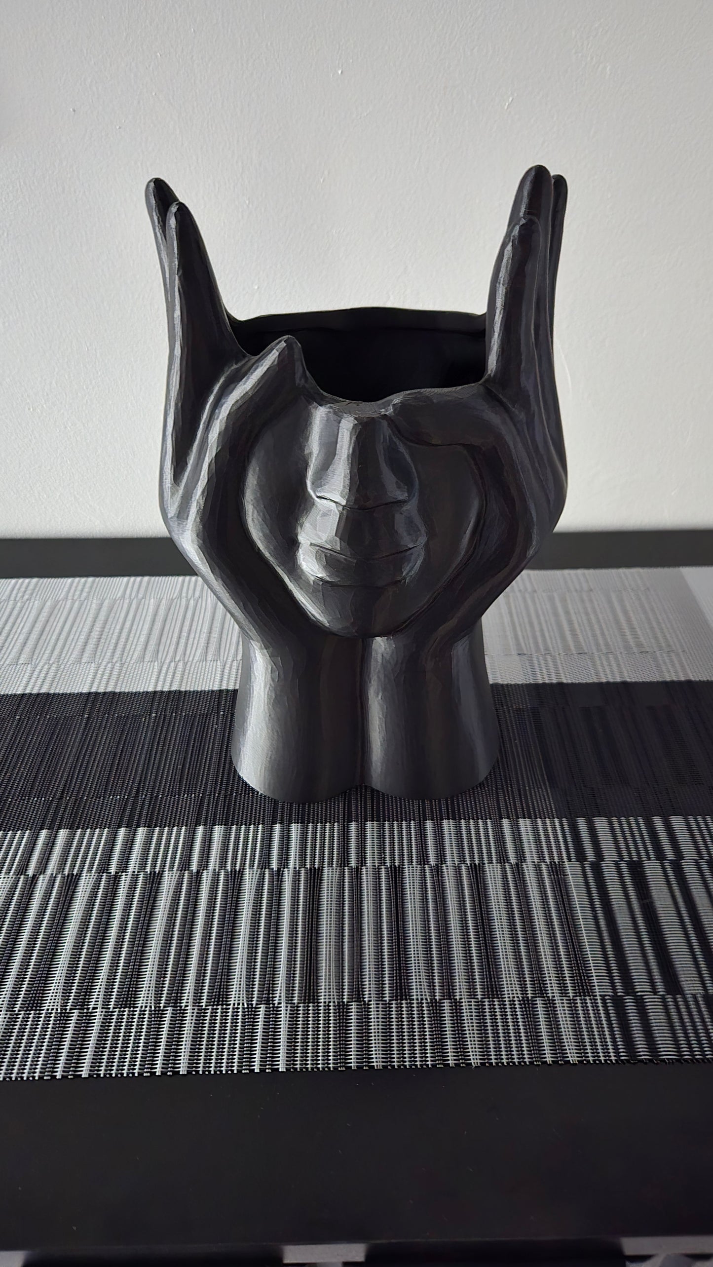 Extra Large Face and Hands Vase Sculpture - Black