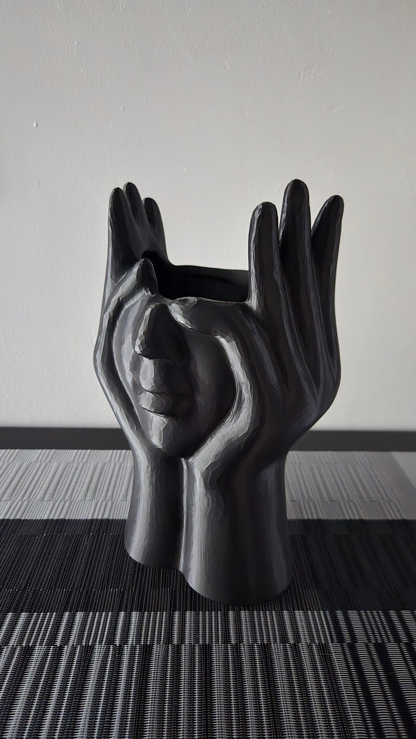 Extra Large Face and Hands Vase Sculpture - Black