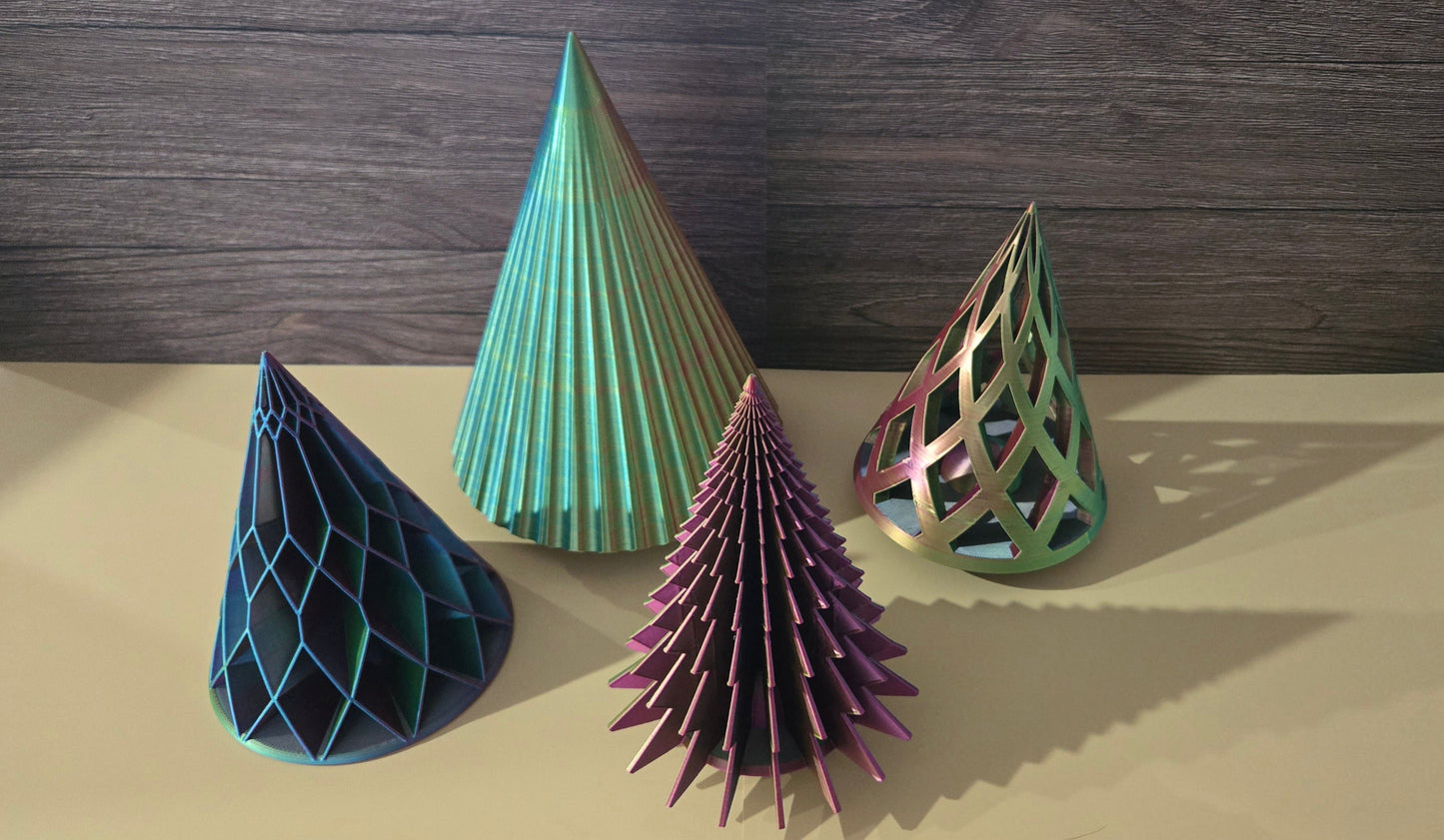 Holiday Tree Set of 4 - Blue, Yellow, Fuchsia Mix (Large Scalloped, Medium Lattice, Medium Diamond, and Medium Segmented)