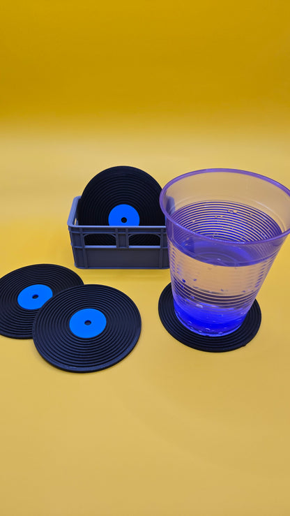 Records Coaster (8) Set with Crate - Black, Blue, and Grey