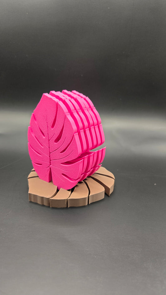 Monstera Leaf Coaster Set (6) with Stand - Magenta and Dark Brown