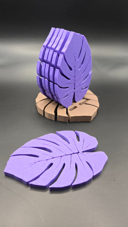 Monstera Leaf Coaster Set (6) with Stand - Purple and Dark Brown