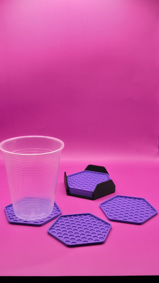 Hex Shape Coasters (6) with Stand - Black and Purple