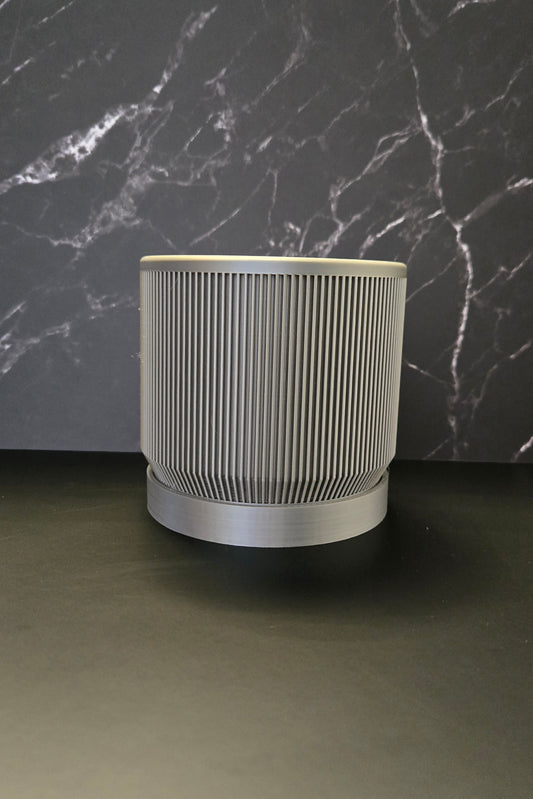 Modern Ribbed Planter w/ Drip Tray - Silver