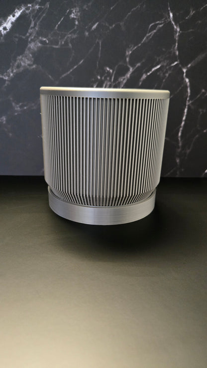 Modern Ribbed Planter w/ Drip Tray - Silver