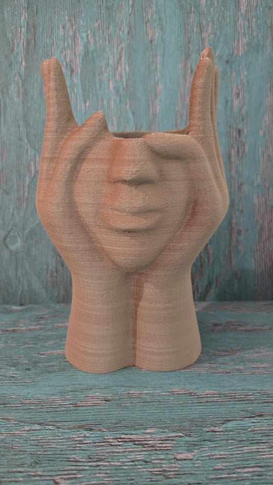 Large Face and Hands Vase Sculpture - Walnut Natural Wood