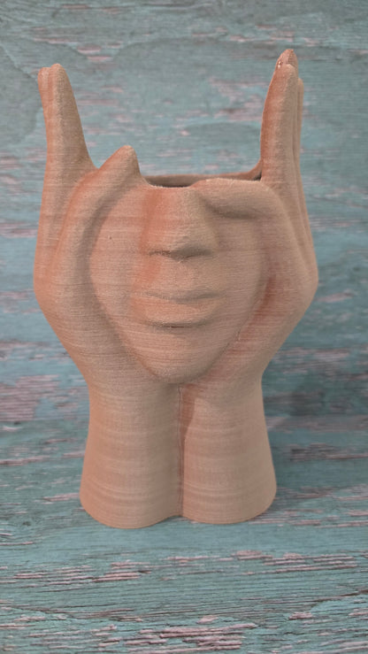 Large Face and Hands Vase Sculpture - Walnut Natural Wood