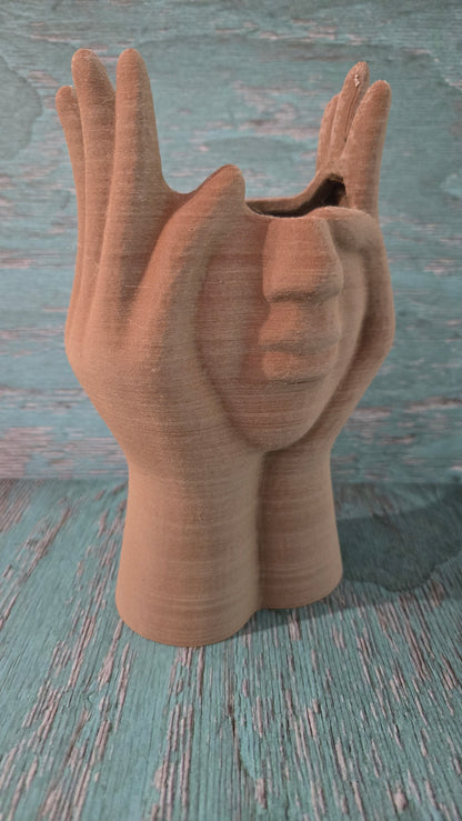 Large Face and Hands Vase Sculpture - Walnut Natural Wood