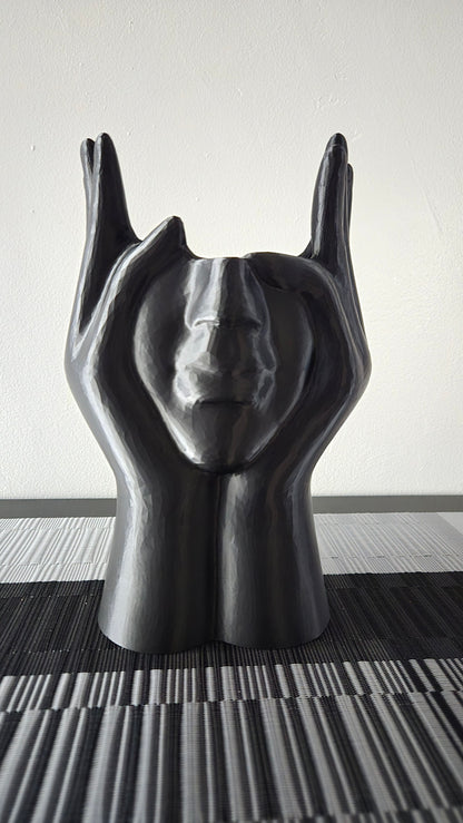 Extra Large Face and Hands Vase Sculpture - Black