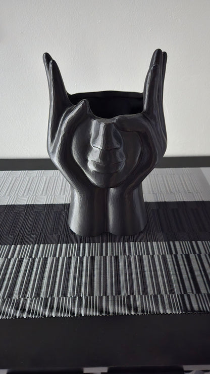 Extra Large Face and Hands Vase Sculpture - Black