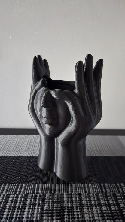 Extra Large Face and Hands Vase Sculpture - Black