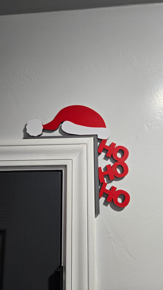 Santa Hat w/ Ho Ho Ho Over Door Décor - Red, White, and Grey