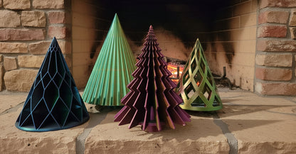 Holiday Tree Set of 4 - Blue, Yellow, Fuchsia Mix (Large Scalloped, Medium Lattice, Medium Diamond, and Medium Segmented)