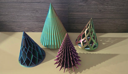 Holiday Tree Set of 4 - Blue, Yellow, Fuchsia Mix (Large Scalloped, Medium Lattice, Medium Diamond, and Medium Segmented)