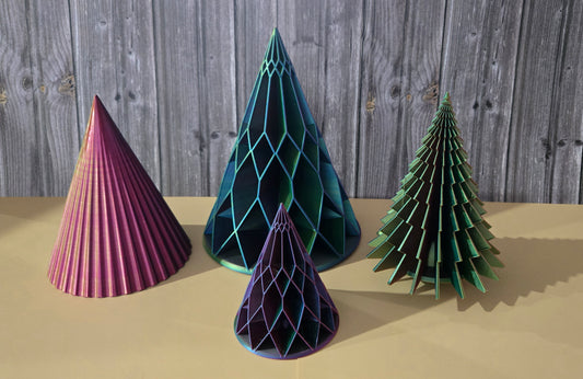 Holiday Tree Set of 4 - Blue, Yellow, Fuchsia Mix (Large Diamond, Medium Scalloped, Small Diamond, and Medium Segmented)