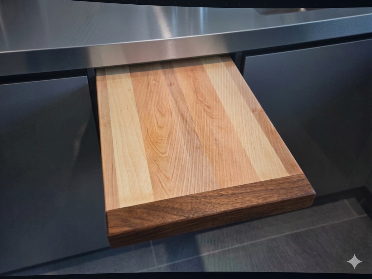 Premium Pull Out Cutting Board - Hard Maple with Stained Yellow Wood Header