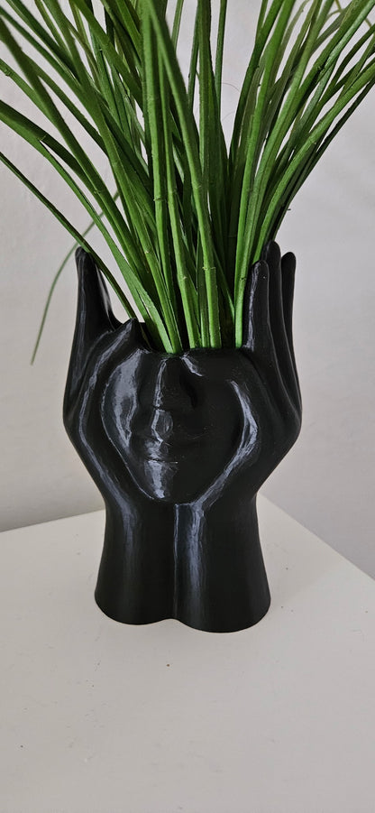 Medium Face and Hands Vase Sculpture - Black